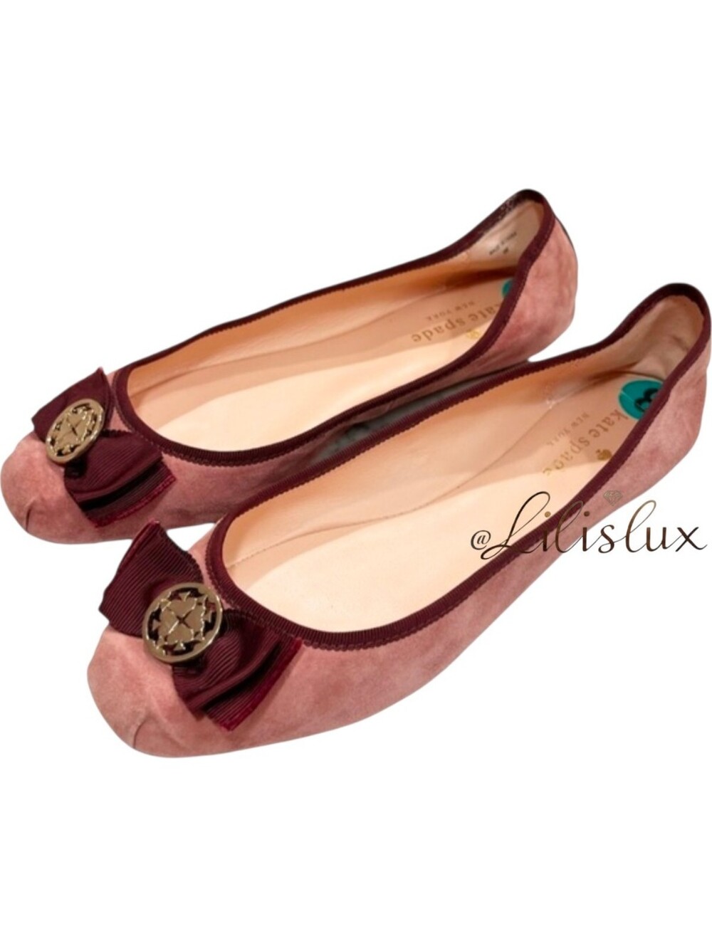 Kate Spade Size 8M Suede Ballet Flats Rose Blush W/ Burgundy Bows And Trim
